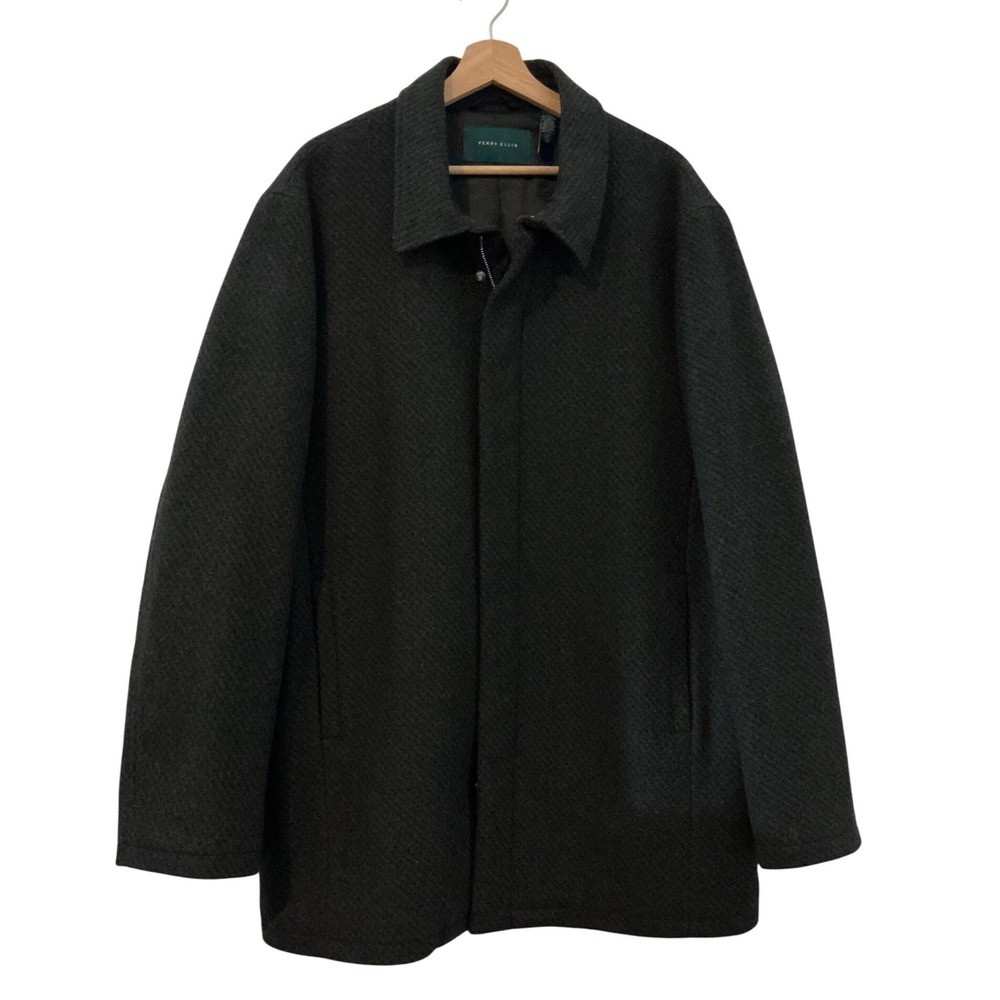 Perry Ellis Car Coat Mens XXL Charcoal Grey Wool Blend Chevron Zip Front